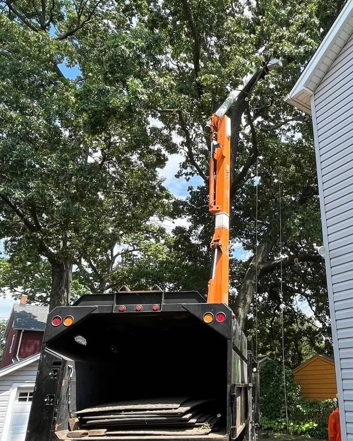 Orange crane lifts debris into a black dump truck beside a white house and trees