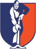 A man is holding a cane in front of a shield.