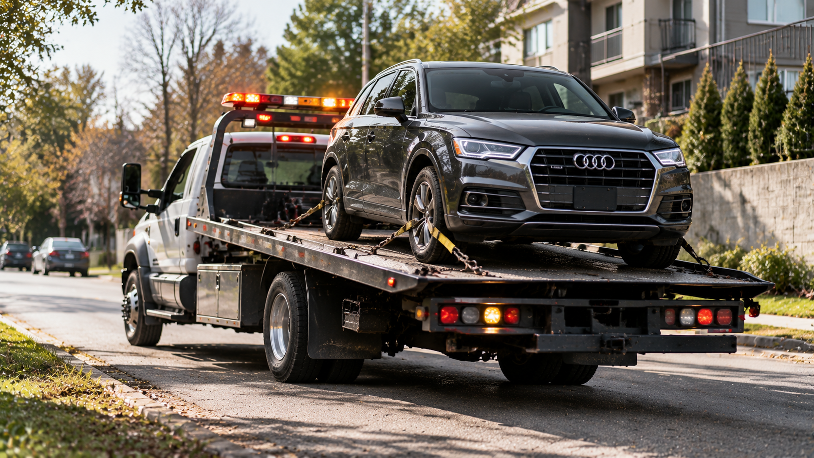 Tow truck carrying a black Audi SUV on a residential street in autumn