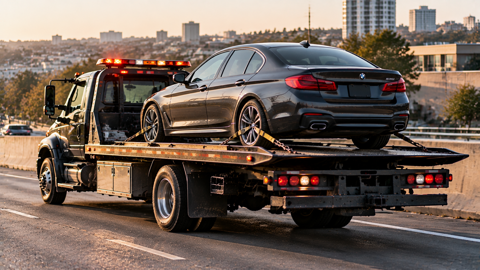 Yellow excavator parked on a flatbed trailer beside a suburban road, with trees and houses nearby