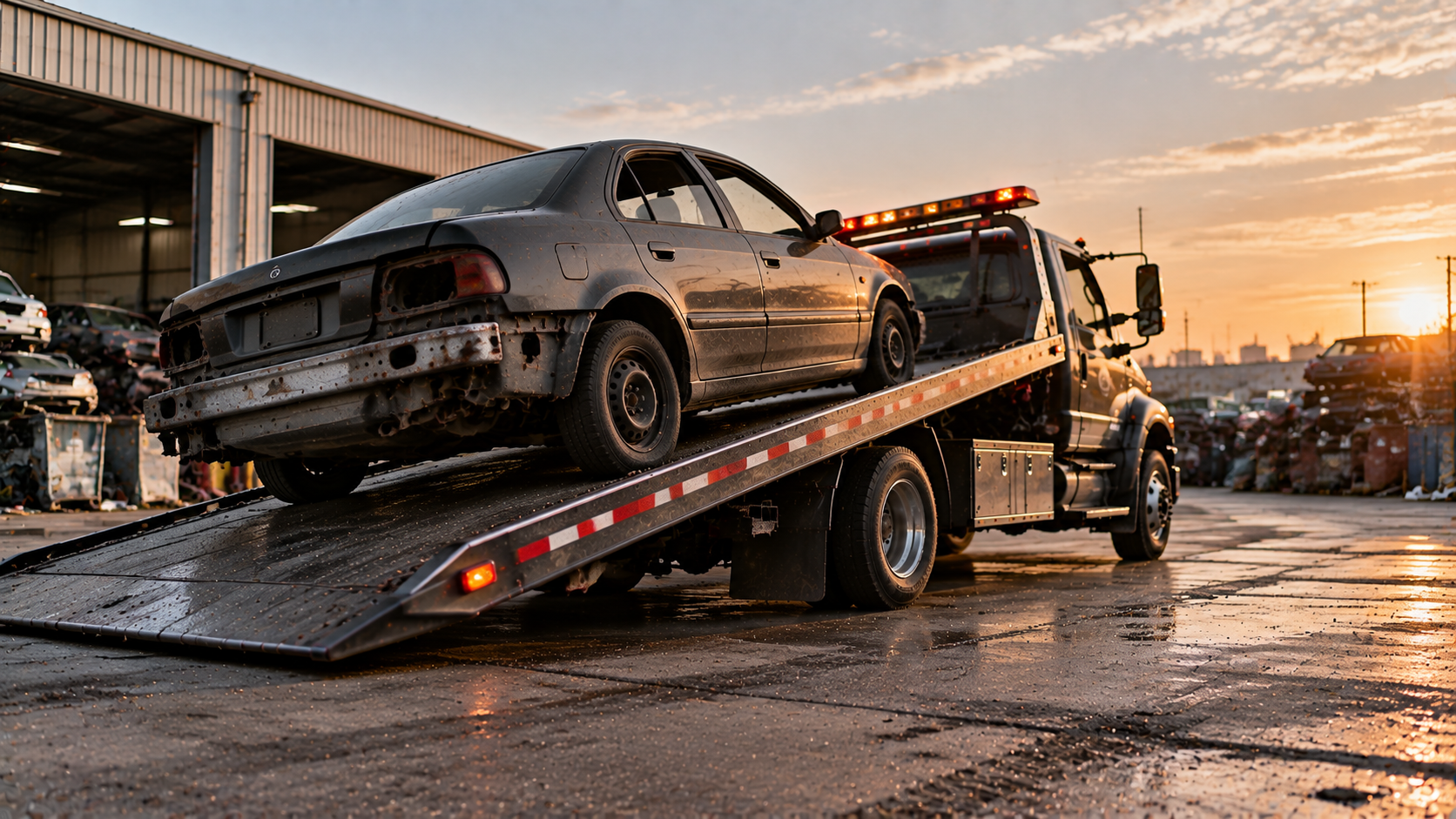 Tow truck loading a damaged black car on a flatbed at sunset