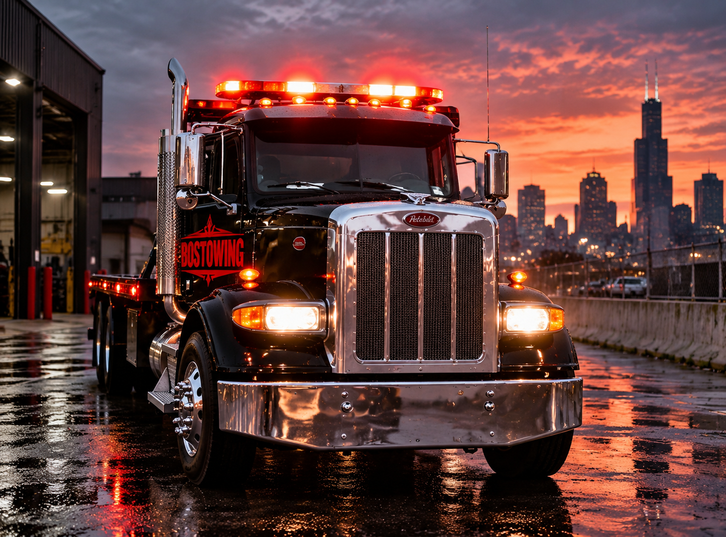 Tow truck with flashing lights on wet city street at sunset, skyline in background