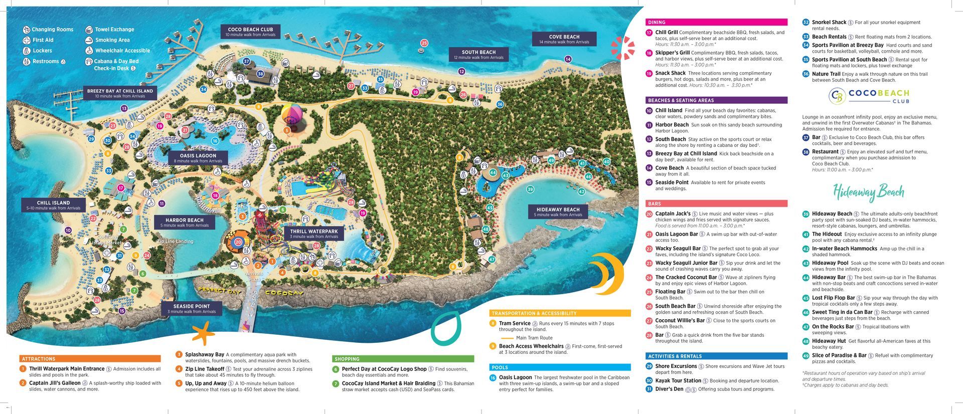 Map of a tropical island resort with water activities and amenities, including beaches, pools, and dining options.