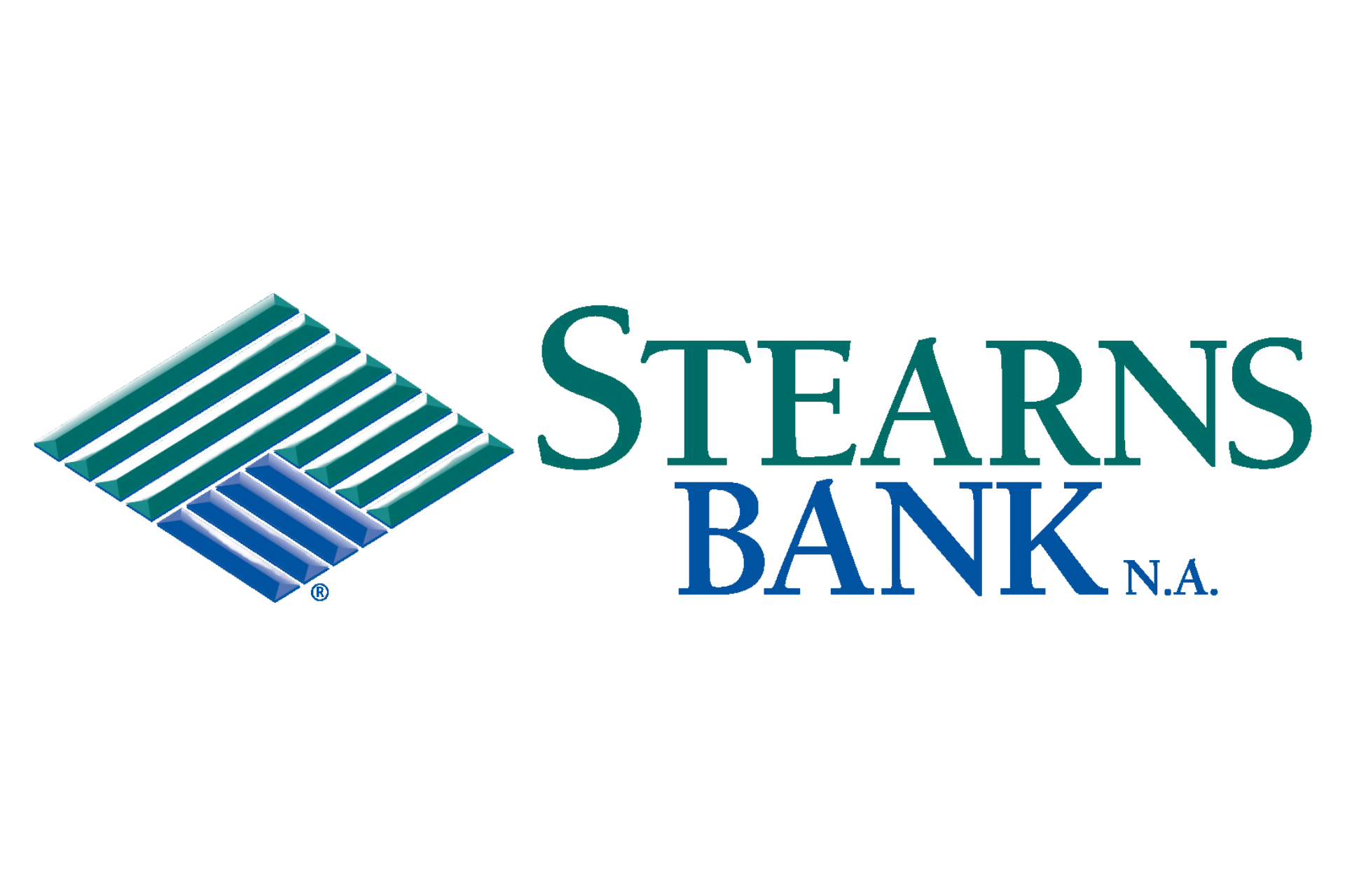 The logo for stearns bank n.a. has a blue and green geometric design.