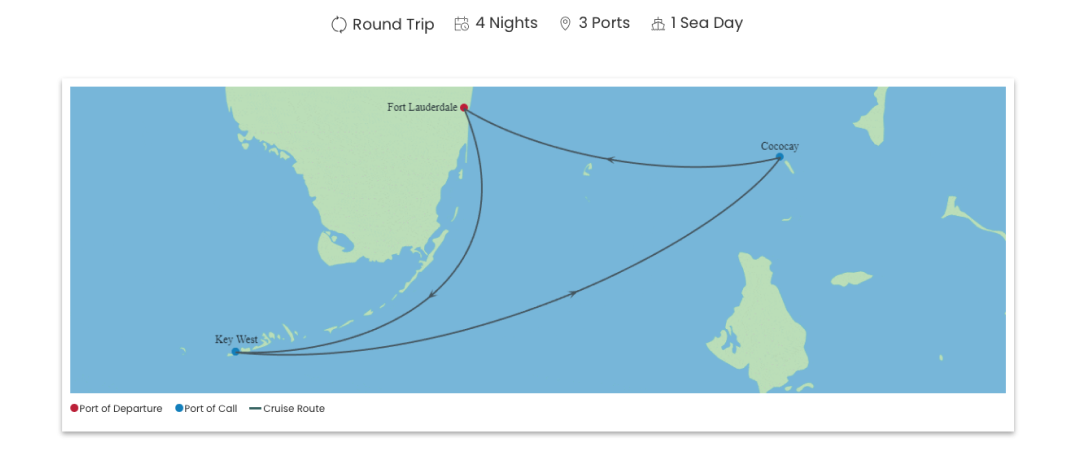 Map showing routes between Key West, Florida, and Cuba, with another route to the Bahamas.