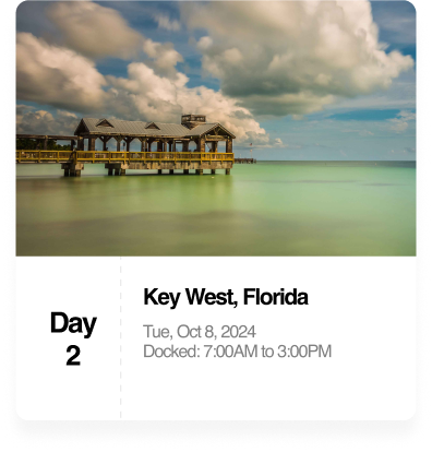 Day 2 in Key West, Florida. The image shows a pier with a building at the end, turquoise water, and a cloudy sky. Docked 7:00 AM to 3:00 PM, Oct 8, 2024.