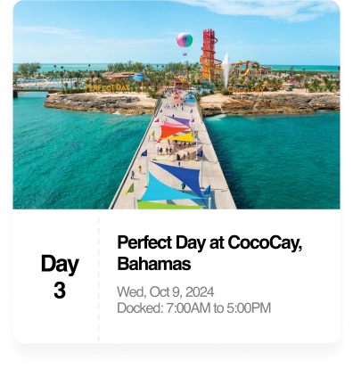 View of a pier at CocoCay, Bahamas, with colorful sunshades, a waterpark in the background. Date: October 9, 2024.