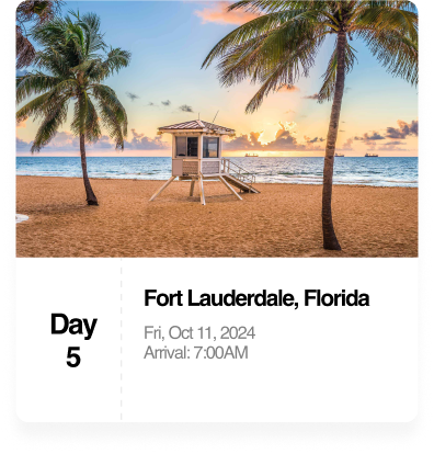 Beach scene with a lifeguard stand and palm trees. Day 5 in Fort Lauderdale, Florida, arriving at 7:00 AM on October 11, 2024.