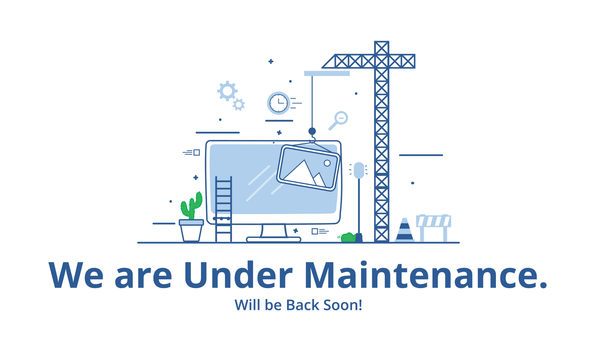 Blue and white graphic indicating website under maintenance; a computer monitor is being worked on with a crane.