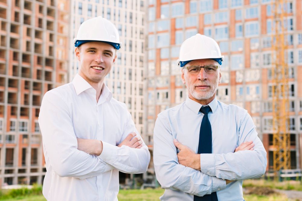 Two people with white hard hats and crossed arms in front of a construction site.