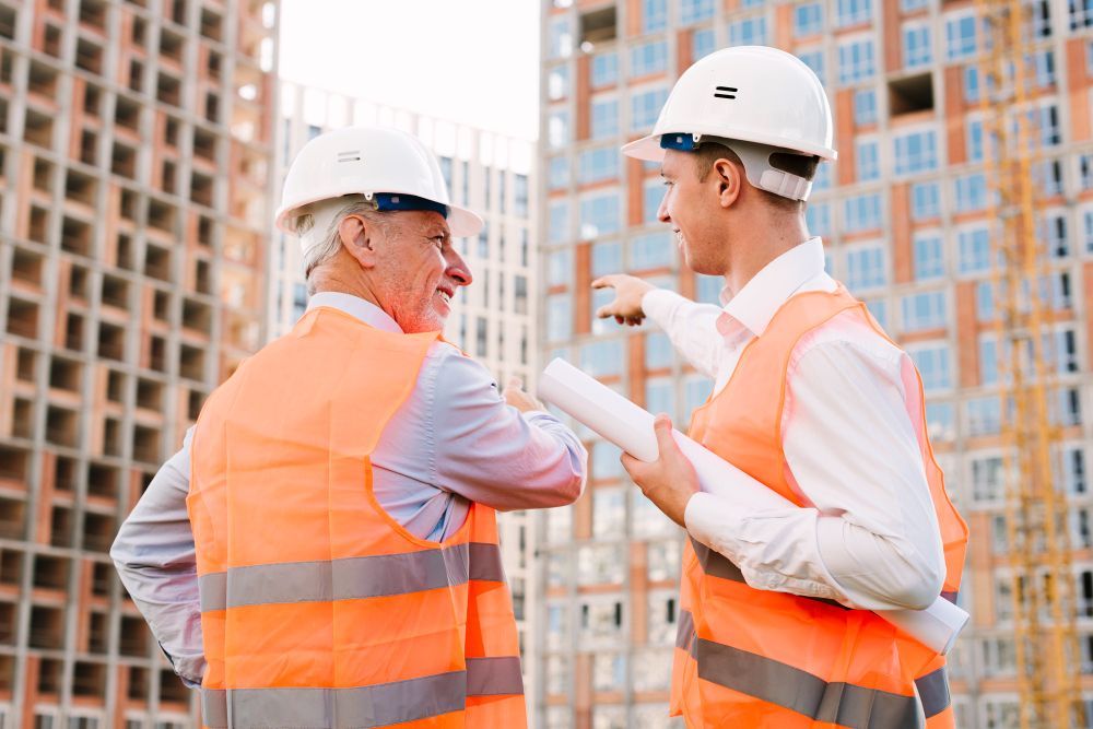 Two construction workers wearing hard hats and vests on a construction site. One points, the other smiles.