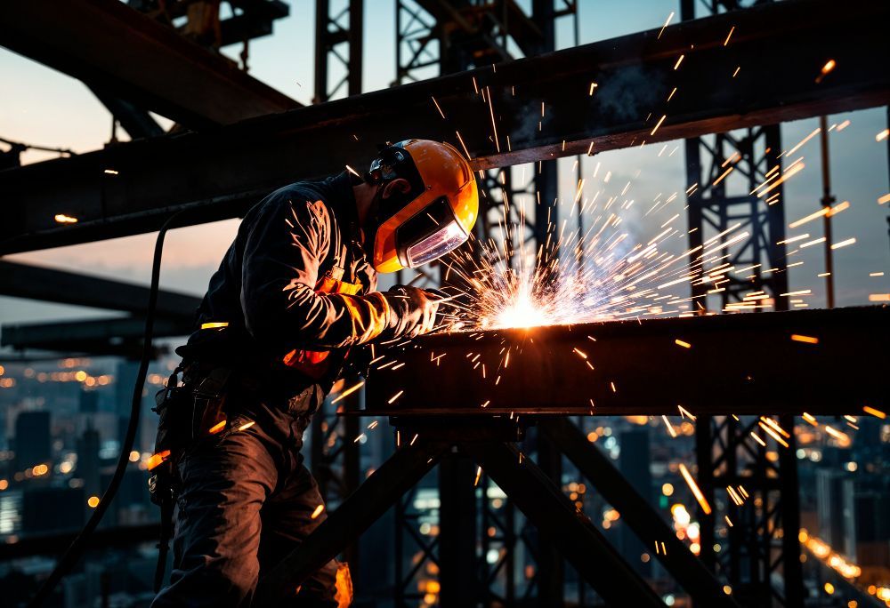 Welder in a hard hat and protective gear, welding on a steel beam high above a city at dusk.