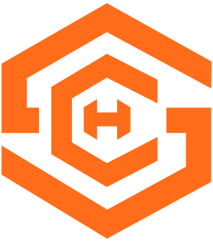 Orange hexagonal logo with 