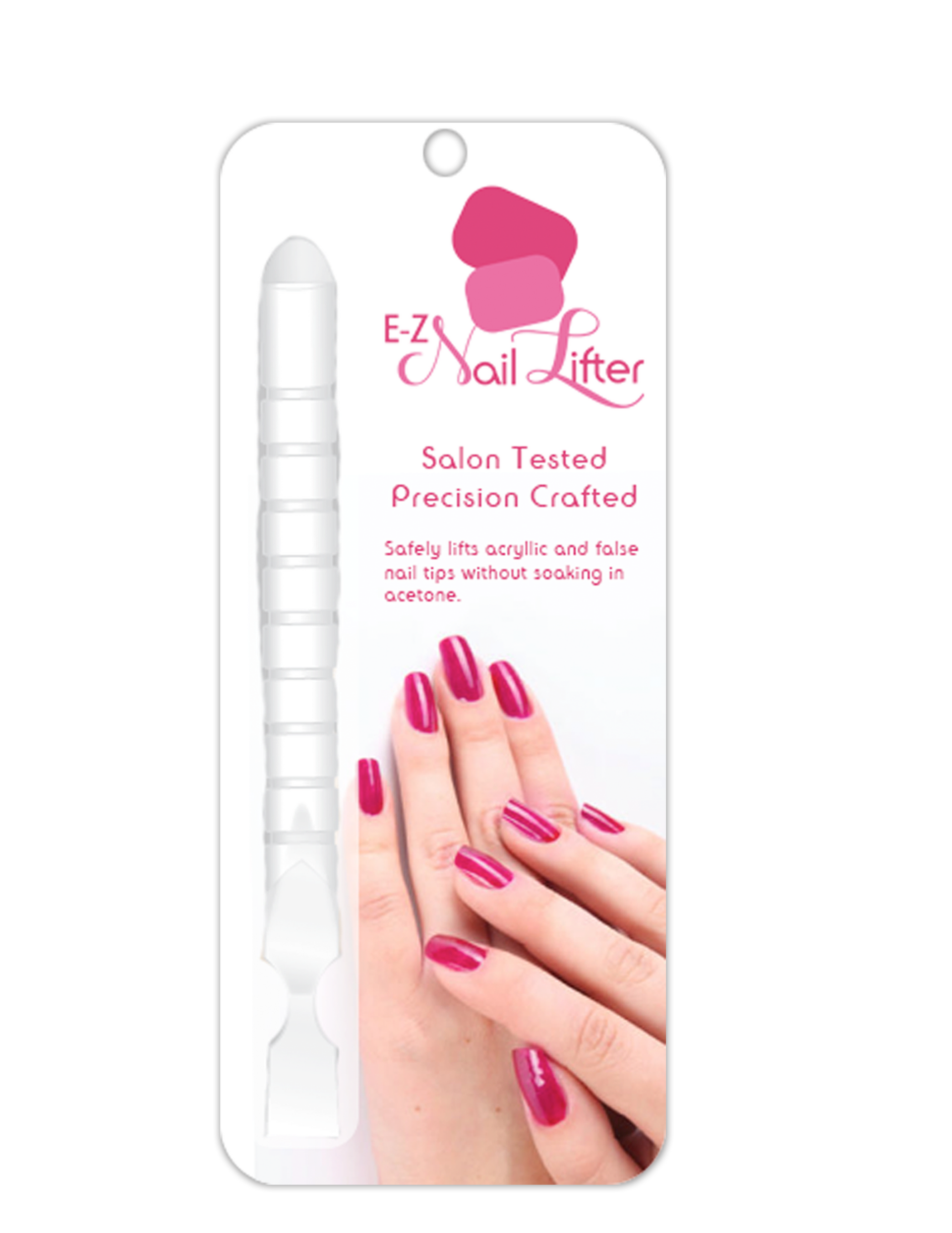 E-Z Nail Lifter on white packaging; hands with painted nails.