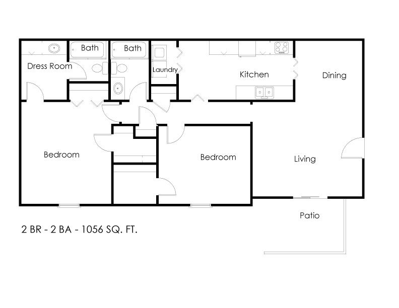 Floor plan for a 2-bedroom, 2-bathroom apartment, 1,056 sq. ft., featuring living, dining, kitchen, and patio areas.