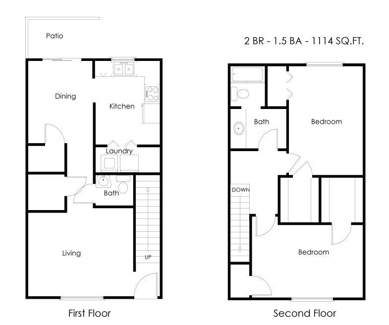 Floor plan of a two-story apartment labeled 2 bedroom, 1.5 bath, 1114 square feet, with room layouts shown for both levels.