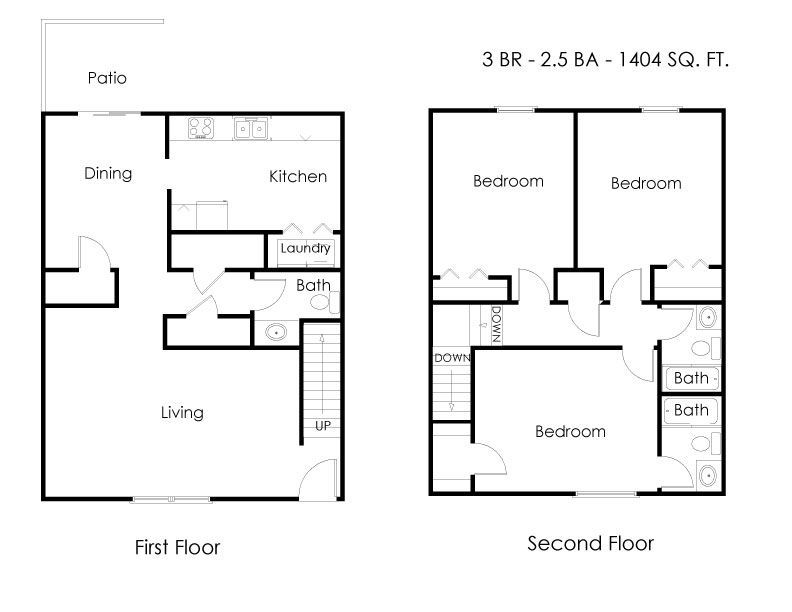 Floor plan for a 3-bedroom, 2.5-bathroom unit at 1404 square feet, showing first and second floor layouts.