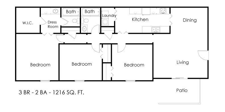 Floor plan for a 1,216 sq. ft., 3-bedroom, 2-bathroom apartment with a living room, dining area, kitchen, and patio.