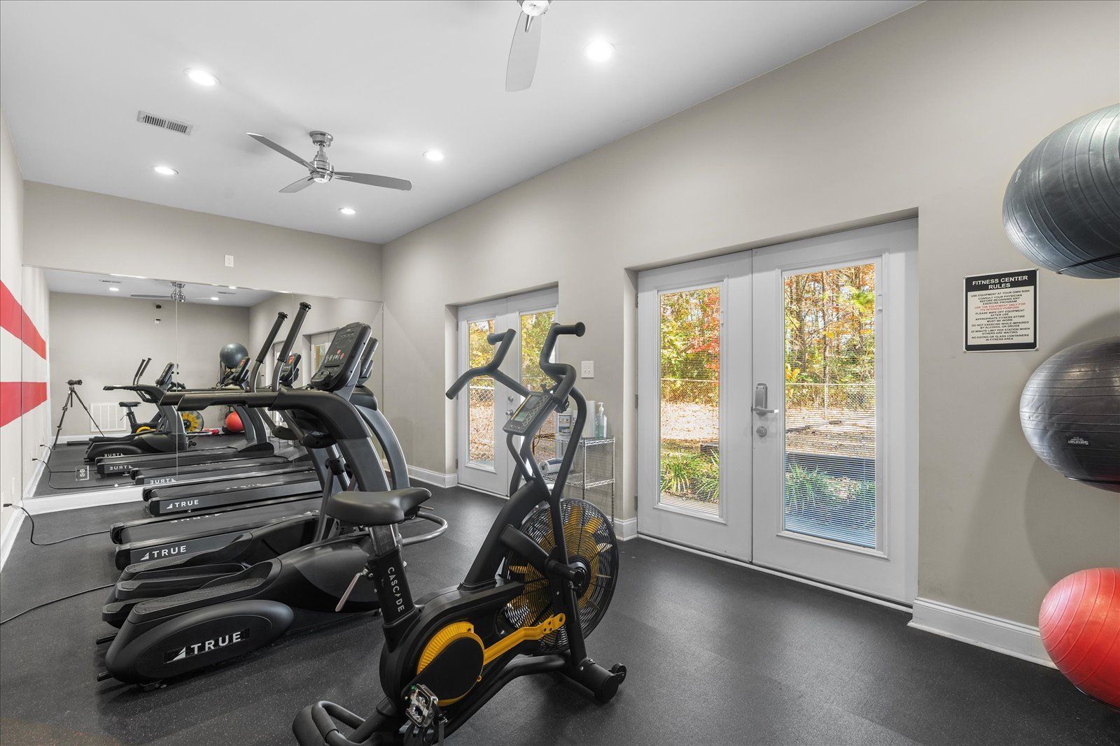Modern home gym with treadmill, exercise bike, weights, and glass doors to the outdoors