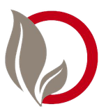 Stylized gray leaves inside a red circular ring on a white background