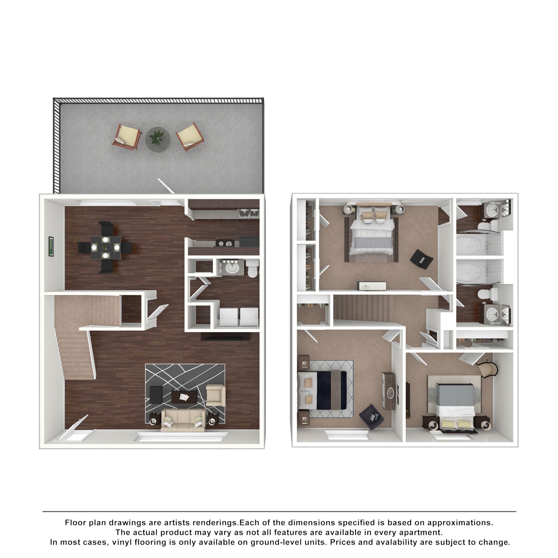Side-by-side apartment floor plans showing furnished rooms, patio, living area, kitchen, bedrooms, and bathrooms.
