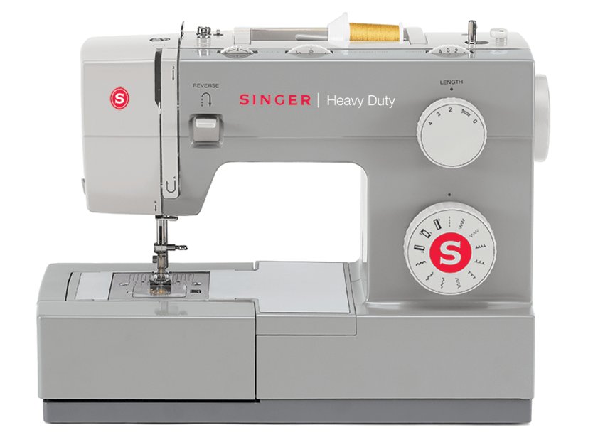 Gray Singer Heavy Duty sewing machine with red logo and large control dials