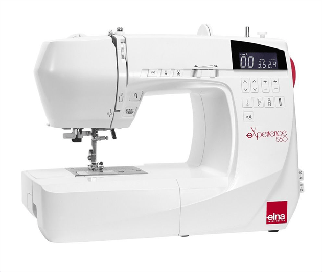 White electronic sewing machine with digital display and built-in work light on a white background