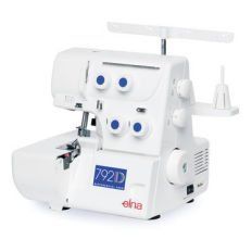 White Elna 792D overlock sewing machine with blue control dials on a white background