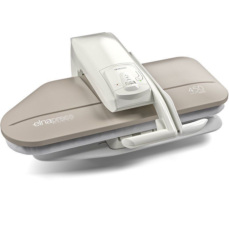 Portable beige and white electric clothes steamer with two folded fabric pads