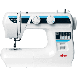White Elna sewing machine with blue accents and two control dials