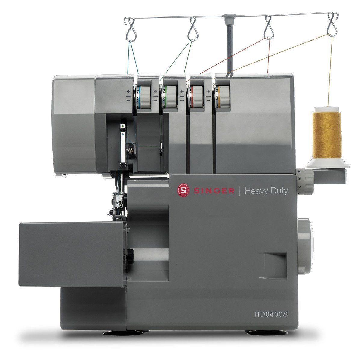 Gray industrial sewing machine with four thread cones on top and yellow thread spool on the right.
