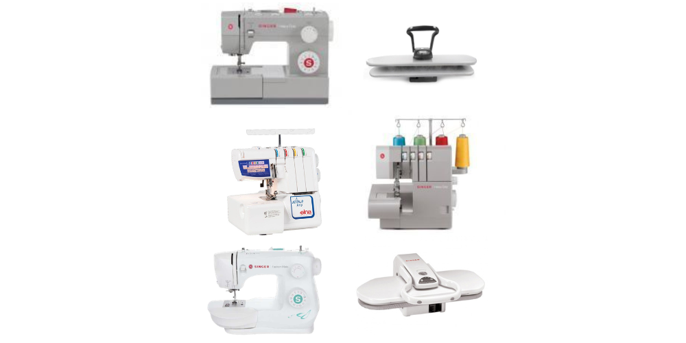 Elna Singer sewing machine shop storefront with window display and open doorway