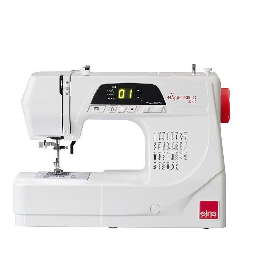 White sewing machine with black control panel and red accents on a plain white background
