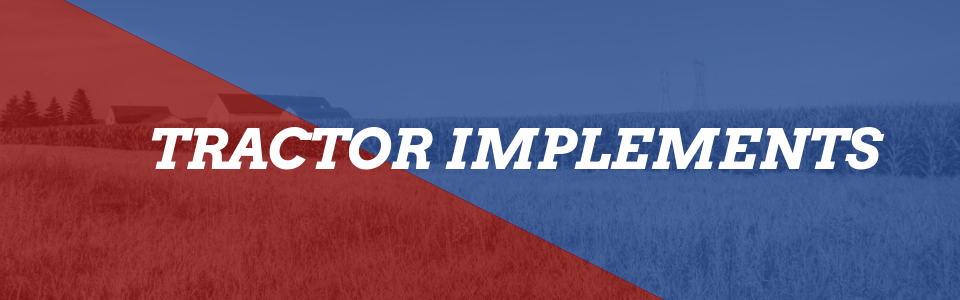 Tractor Implements text over a red and blue background