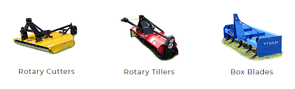 Three farm implements on a white background: rotary cutters, rotary tillers, and box blades.