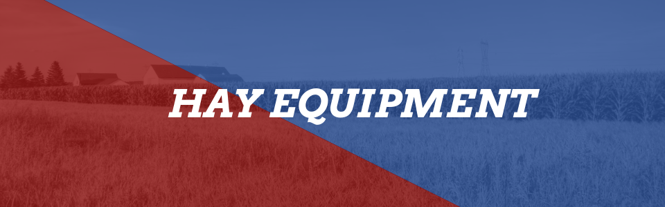 HAY EQUIPMENT logo in white over a red and blue banner with a field background