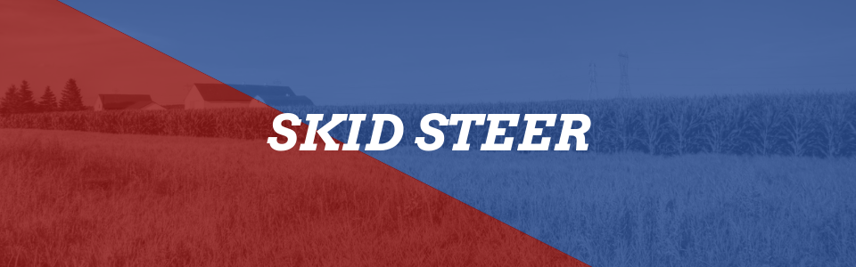 “SKID STEER” text over a red-and-blue banner with a faint construction vehicle in the background