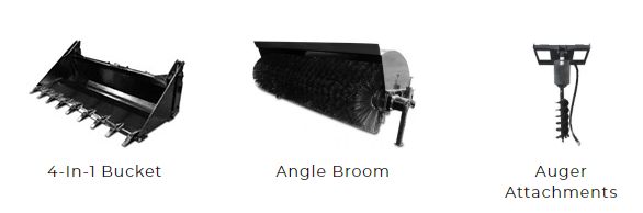 Three black farm attachments labeled 4-in-1 bucket, angle broom, and auger attachment.