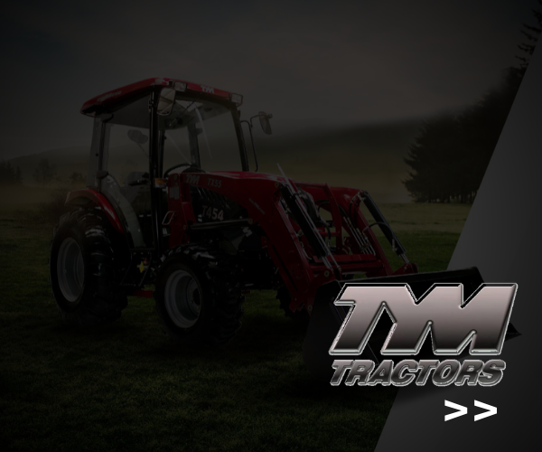 Red tractor in a dark field with the TM Tractors logo and “>>” button icon