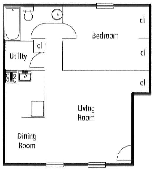 A black and white floor plan of a bedroom , living room , dining room and bathroom.