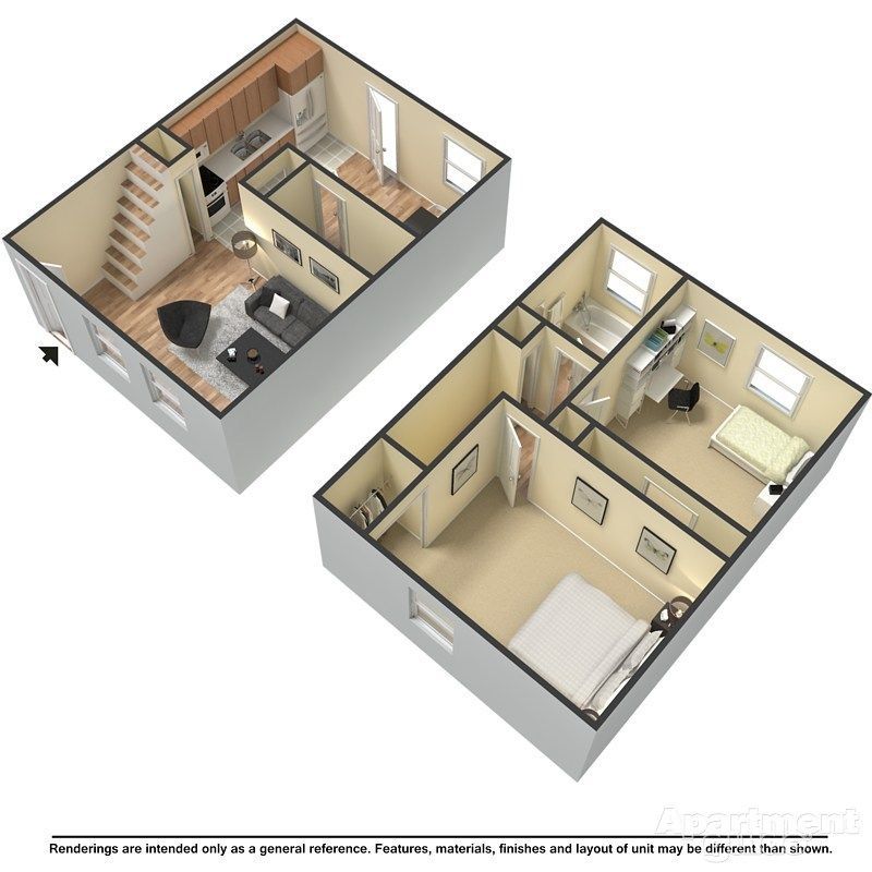 A 3d floor plan of a house with a staircase