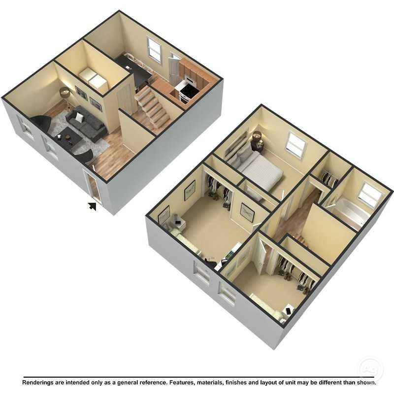 A 3d floor plan of a house with two bedrooms