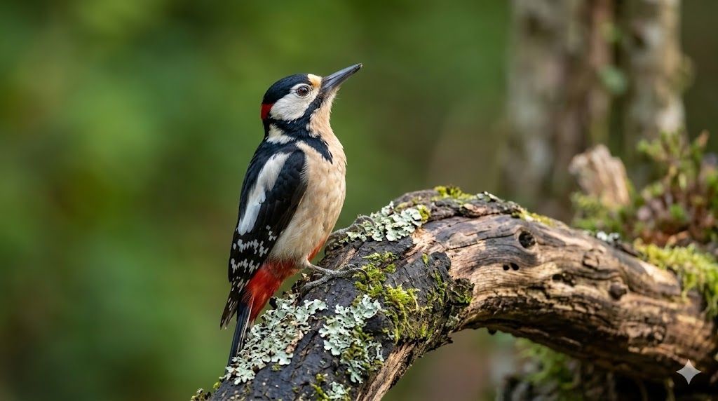 Woodpecker perched on a mossy tree branch in a forest setting.