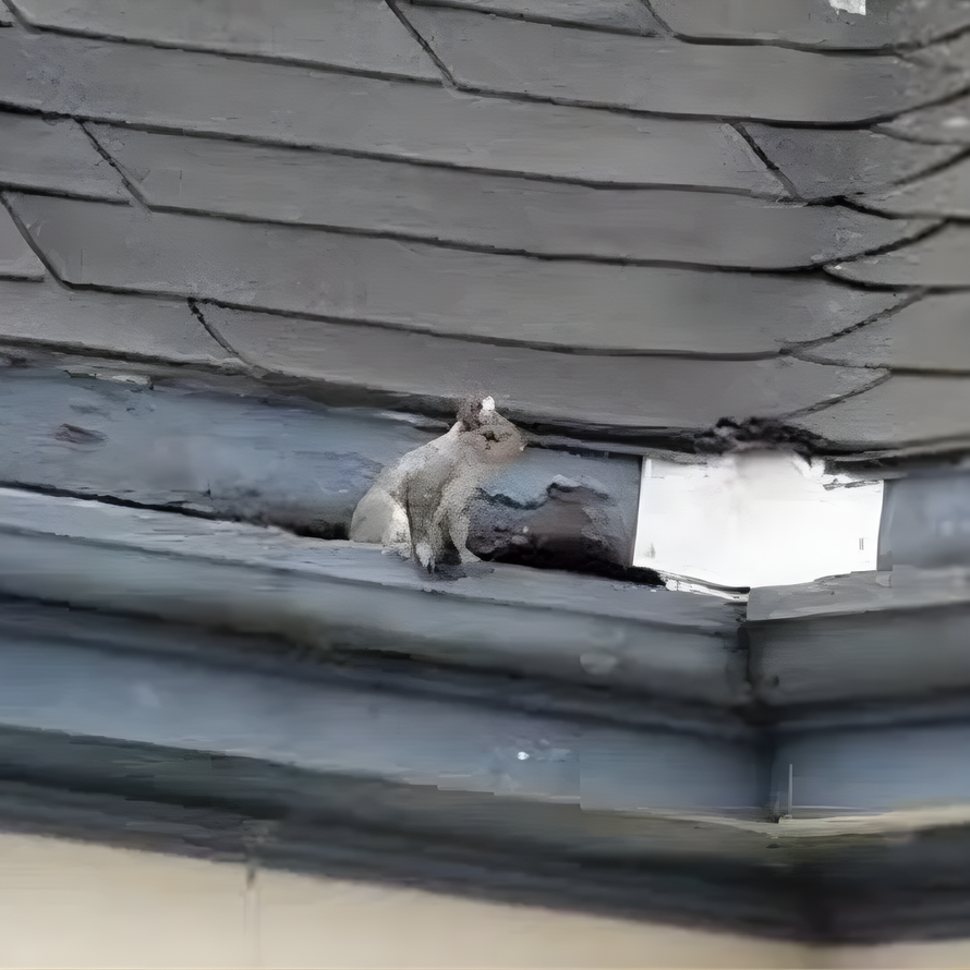 Gray cat sitting on a rooftop near a damaged shingle and gutter opening