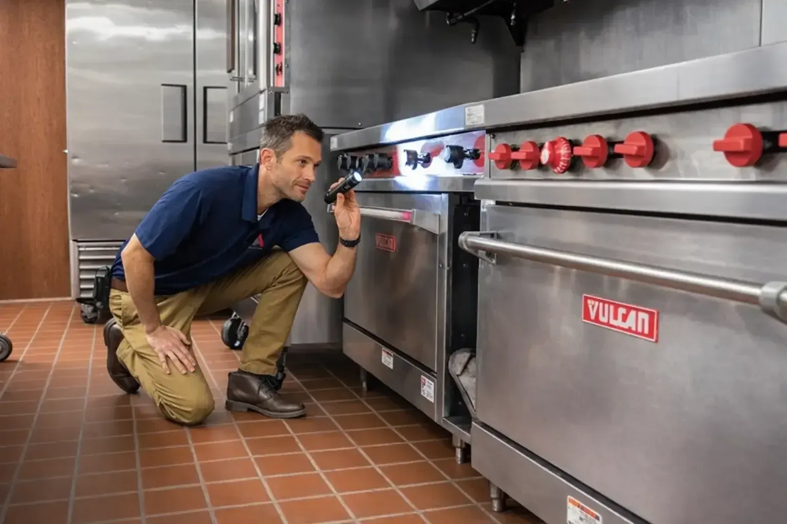Technician kneeling beside a stainless steel Vulcan oven in a commercial kitchen, inspecting controls