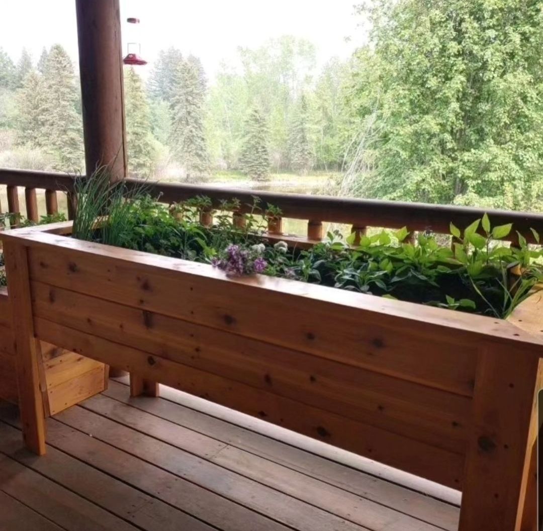 A wooden garden bed filled with lots of plants in front of a building.