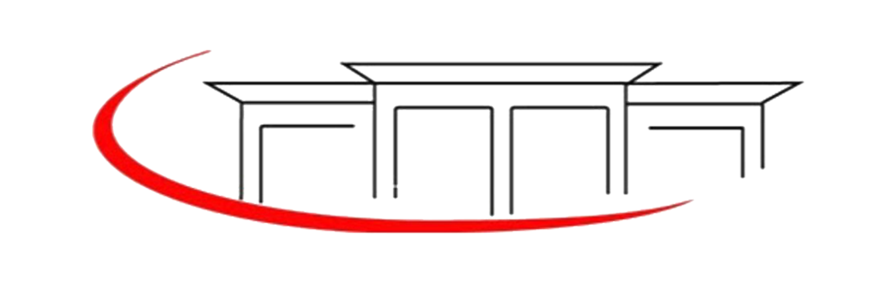 A black and white logo with a red circle around it.