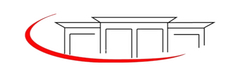A black and white logo with a red circle around it.