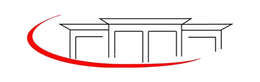 A black and white logo with a red circle around it.