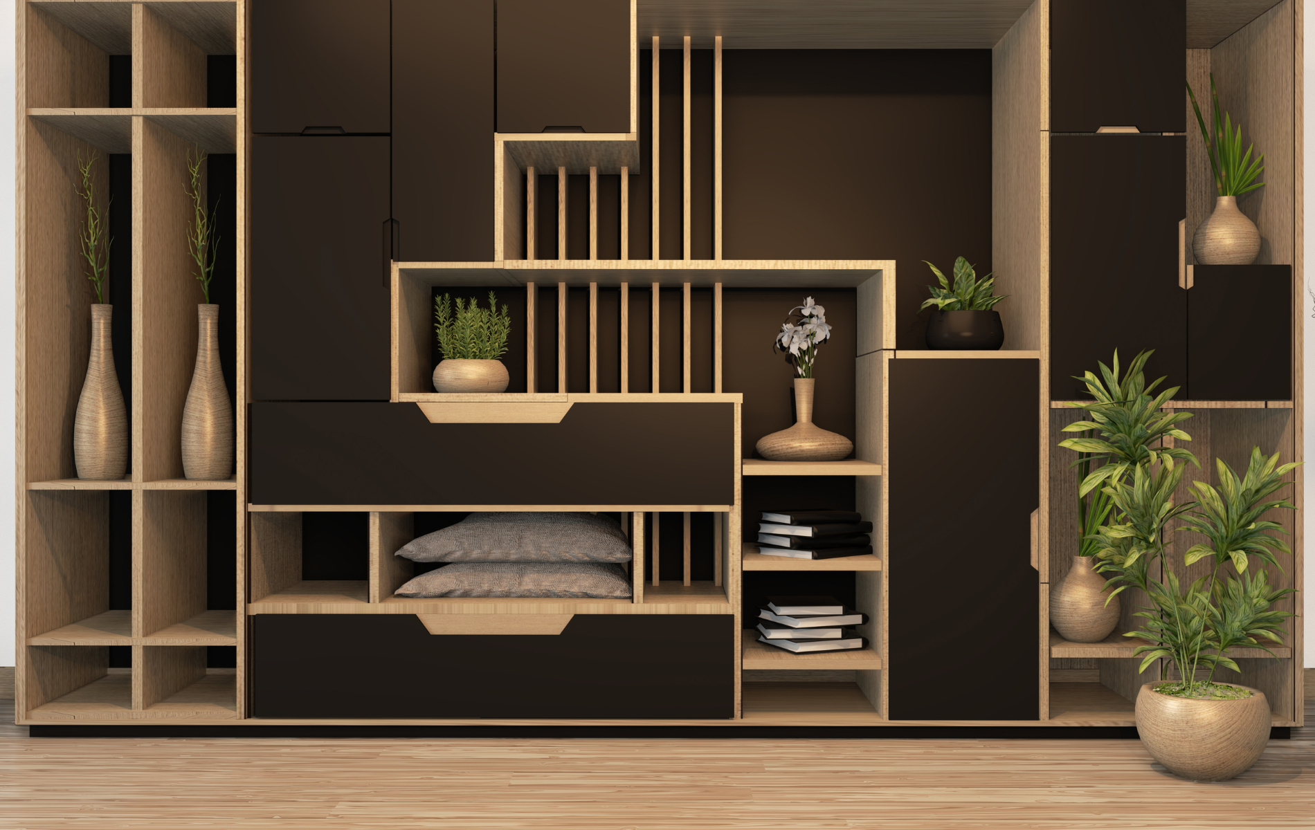 It is a 3d rendering of a living room with a lot of shelves and drawers.